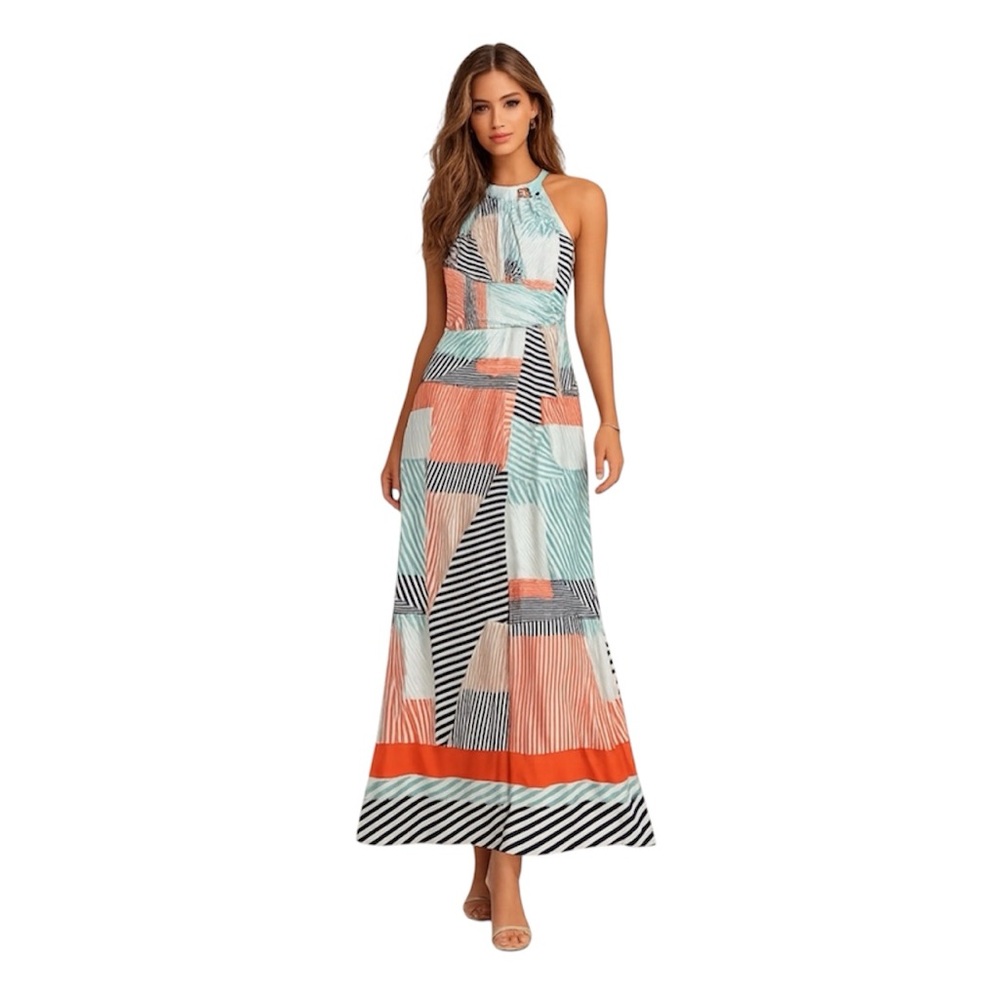 VINCE CAMUTO Women's Halter Neck Sleeveless Multi Stripe Maxi Dress Size 8